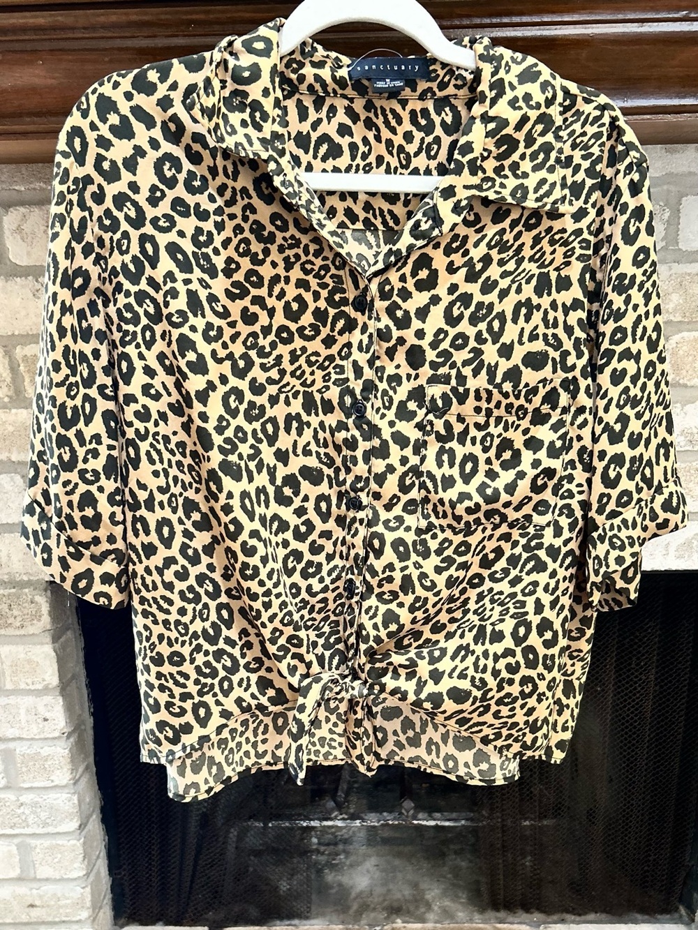 Sanctuary Leopard Print Button-Front Tie Shirt - Black & Tan EUC